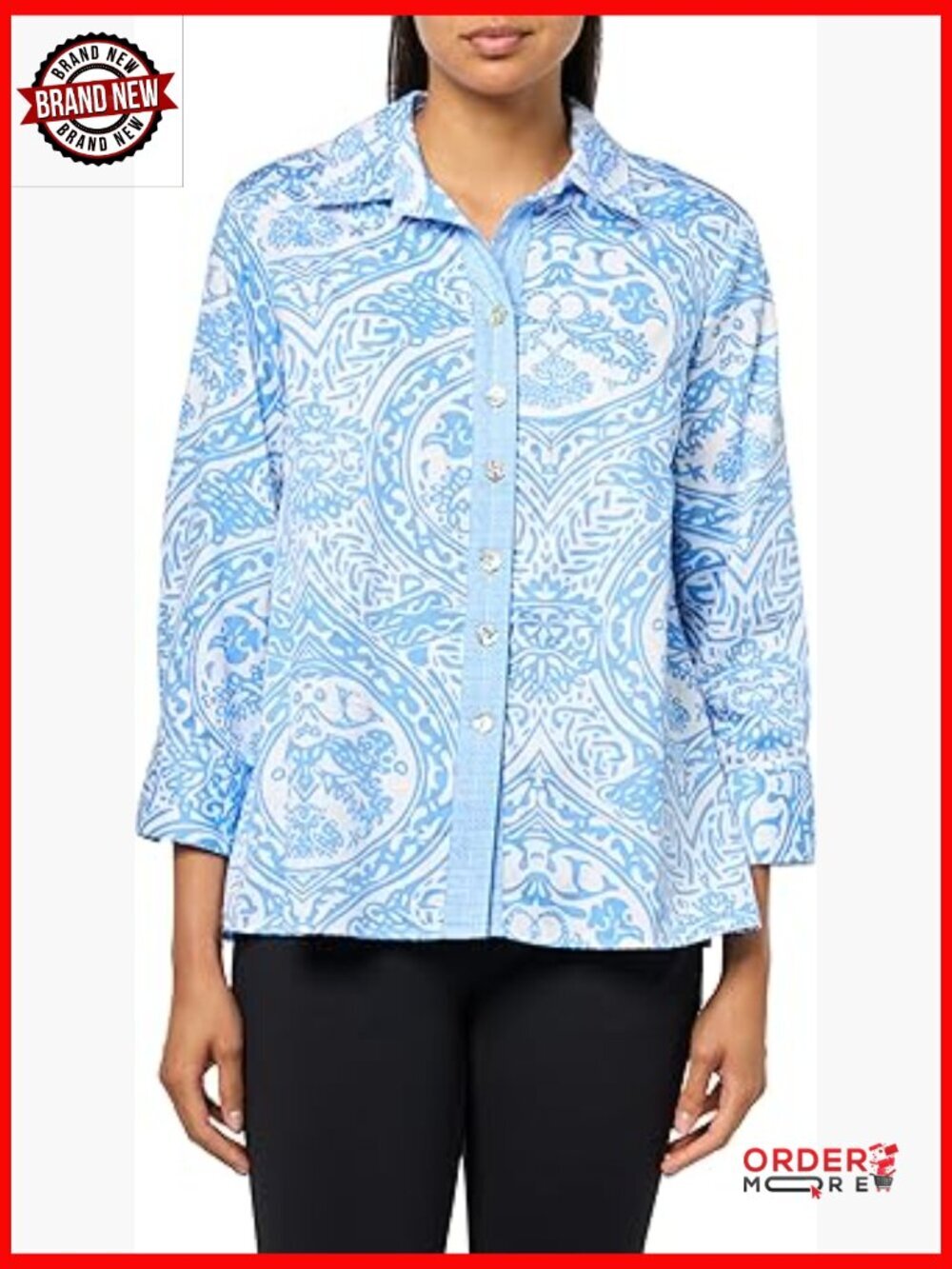 Woven Button Front Blouse 3/4 Cuff Sleeve Point Collar